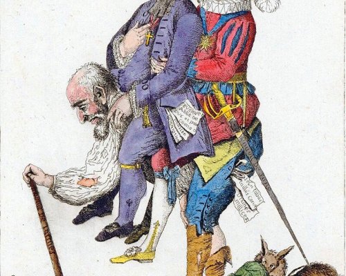 Bis 1789 existierte in Frankreich die Ständegesellschaft. Der "Dritte Stand" (98% der Bevölkerung) umfasste Bürger und Bauern, die im Vergleich zum Adel und Klerus über keine politischen Rechte verfügten (Karikatur)