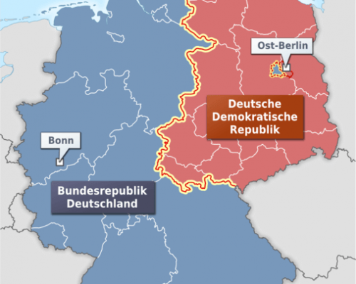 Zwischen 1949 und 1990 war das geteilte Staatsgebiet Deutschlands der symbolische Schauplatz des Kalten Kriegs zwischen den USA und der Sowjetunion