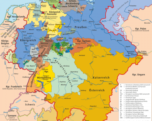 Zwischen 1815 und 1866 bestand das heutige Gebiet Deutschlands als lockerer Staatenbund von souveränen Einzelstaaten (Deutscher Bund)