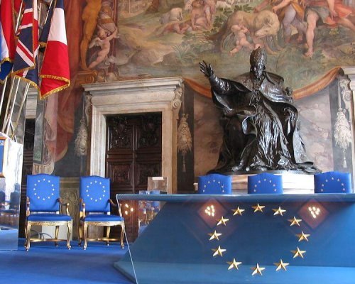 Der Saal in den Musei Capitolini (Kapitolinischen Museen) in Rom, wo mit der Unterzeichnung der Römischen Verträge im Jahr 1957 die Grundlagen für die heutige Europäische Union (EU) geschaffen wurden